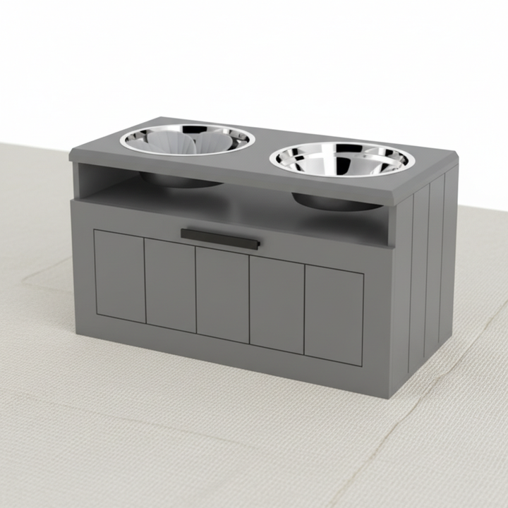 Elevated Dog Bowl Station with Storage – Dual Stainless Steel Dog Feeding Stand
