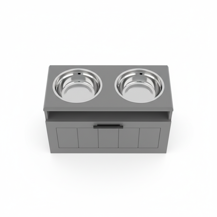 Elevated Dog Bowl Station with Storage – Dual Stainless Steel Dog Feeding Stand