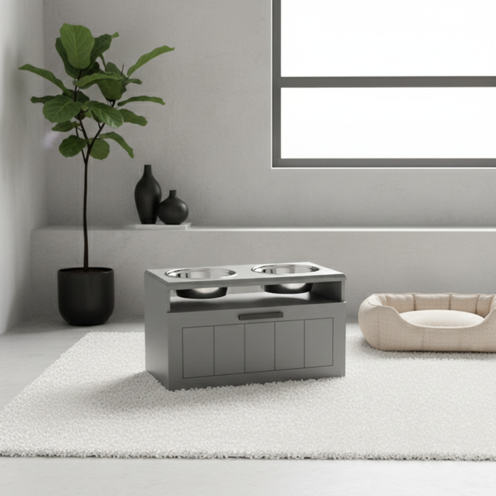 Elevated Dog Bowl Station with Storage – Dual Stainless Steel Dog Feeding Stand