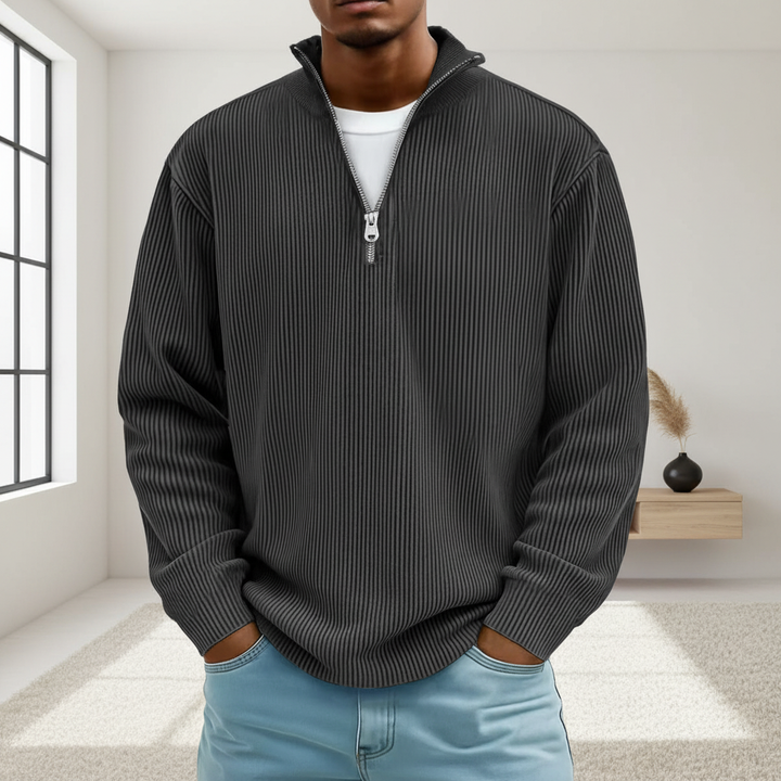 Corduroy Zipper Stand Collar Sweatshirt Fashion Warm Solid Color Long Sleeve Top Men's Casual Polo Shirt Clothing