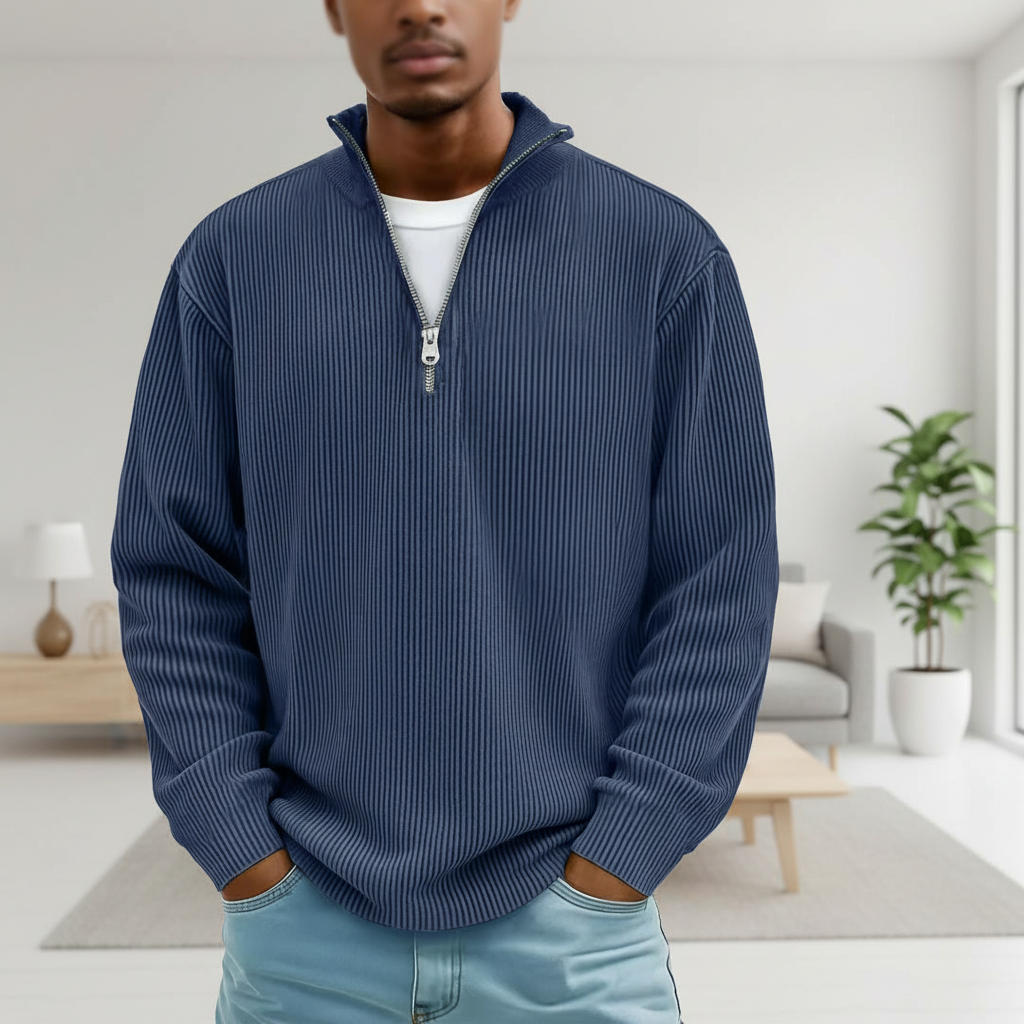 Corduroy Zipper Stand Collar Sweatshirt Fashion Warm Solid Color Long Sleeve Top Men's Casual Polo Shirt Clothing