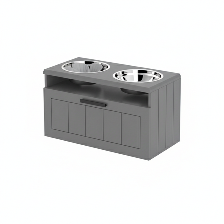 Elevated Dog Bowl Station with Storage – Dual Stainless Steel Dog Feeding Stand