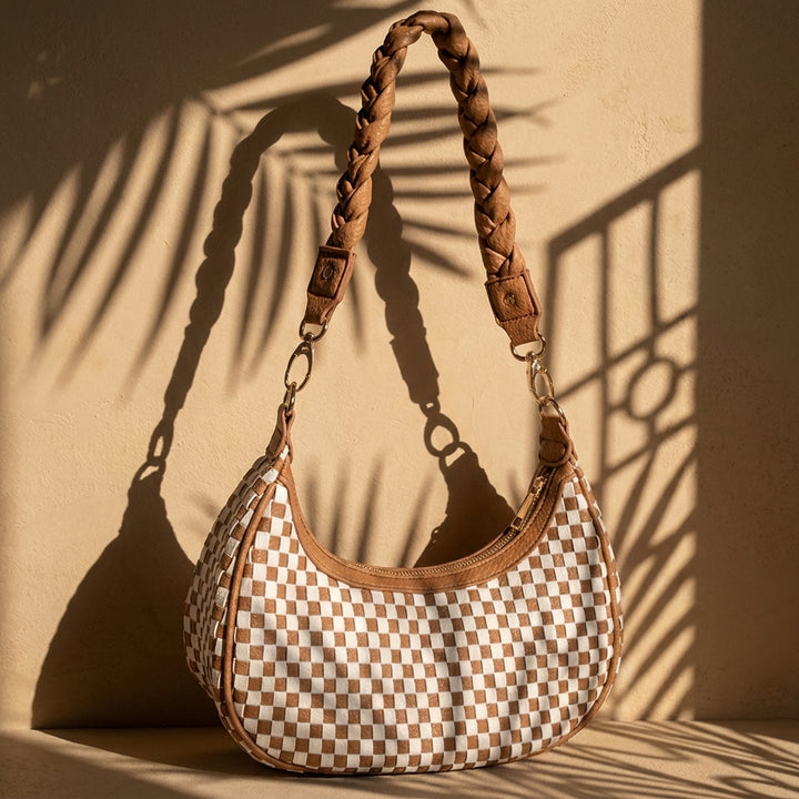 Women Woven Hobo Handbag For Women Fashion Vegan Leather Tote Bag For Women-Brown