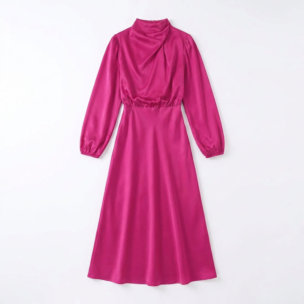 Elegant Temperament Long-sleeved Dress Satin Halterneck Formal Evening Dresses Women Clothing