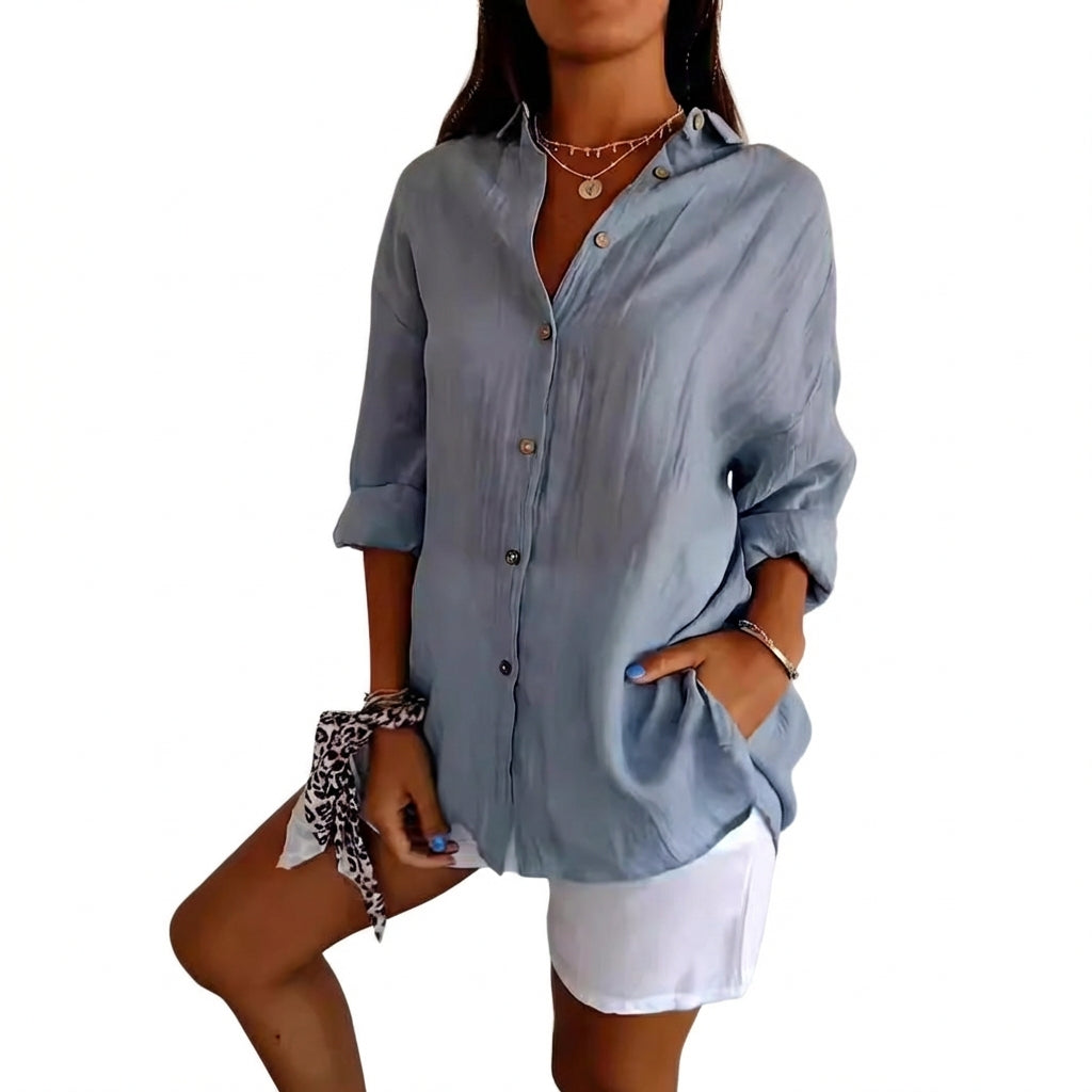 Lapel Long Sleeve Shirt Women's Single-breasted Pleated Shirt Tops Clothing