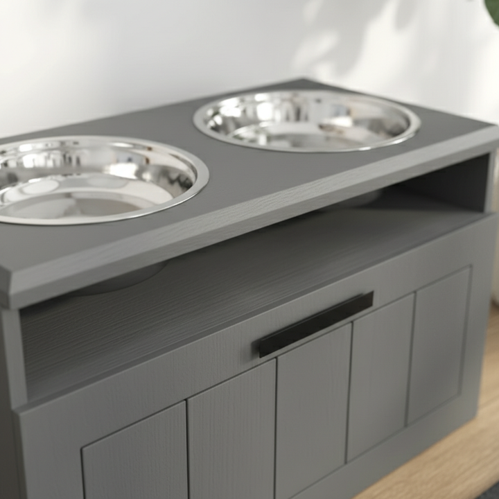 Elevated Dog Bowl Station with Storage – Dual Stainless Steel Dog Feeding Stand