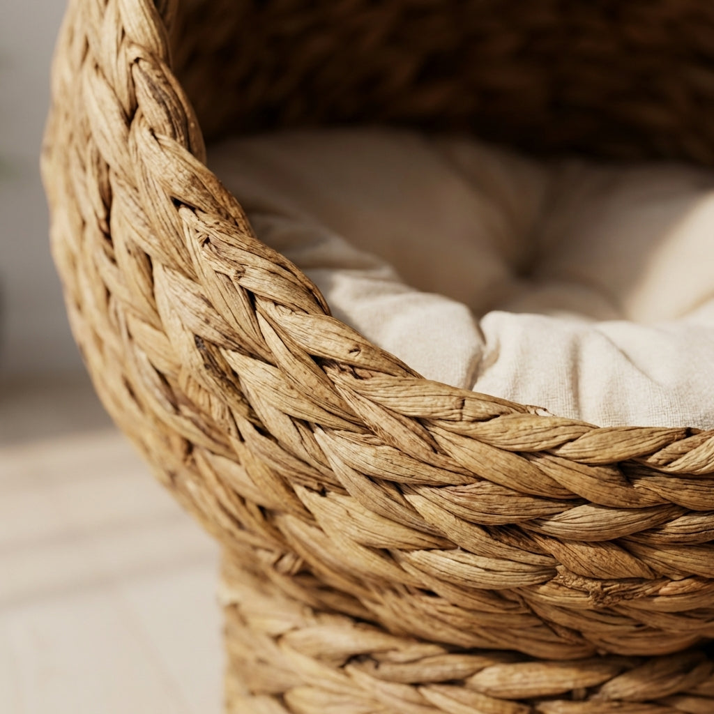 20" Natural Braided Banana Leaf Elevated Cat Bed Basket with Cushion - Brown