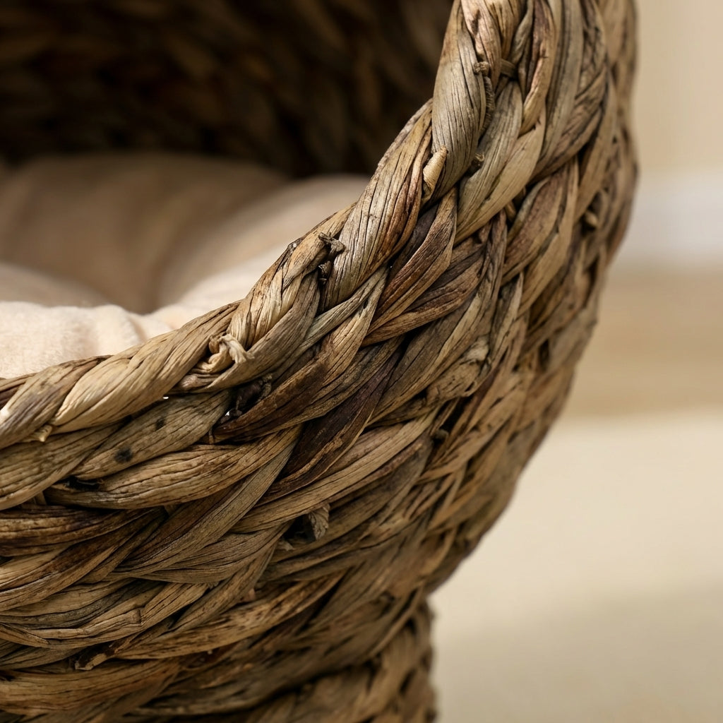 Handwoven Elevated Cat Bed with Soft Cushion & Egg Chair Shape, Basket Bed Kitty House with Stand, Raised Wicker House for Indoor Cats, 20" H, Gray