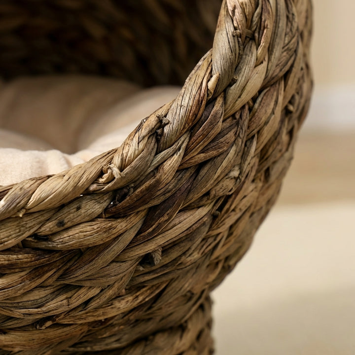 Handwoven Elevated Cat Bed with Soft Cushion & Egg Chair Shape, Basket Bed Kitty House with Stand, Raised Wicker House for Indoor Cats, 20" H, Gray