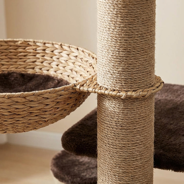 41 Inch Hand-Woven Water Hyacinth Cat Tree, 3 Sisal Scratching Posts Multi-Level Activity Center For Cats-Brown