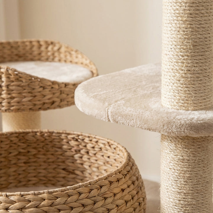 41 Inch Hand-Woven Water Hyacinth Cat Tree, 3 Sisal Scratching Posts Multi-Level Activity Center For Cats-White