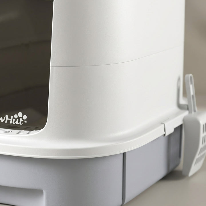 Covered Cat Litter Box with Lid, Drawer, Scoop, Top Entry, Deodorizing Bags, Odor Control, Easy to Clean, Gray