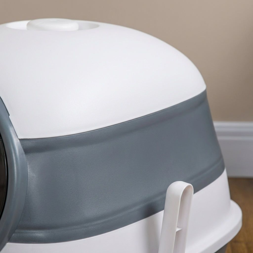 Dome Covered Cat Litter Box with Lid, White and Gray