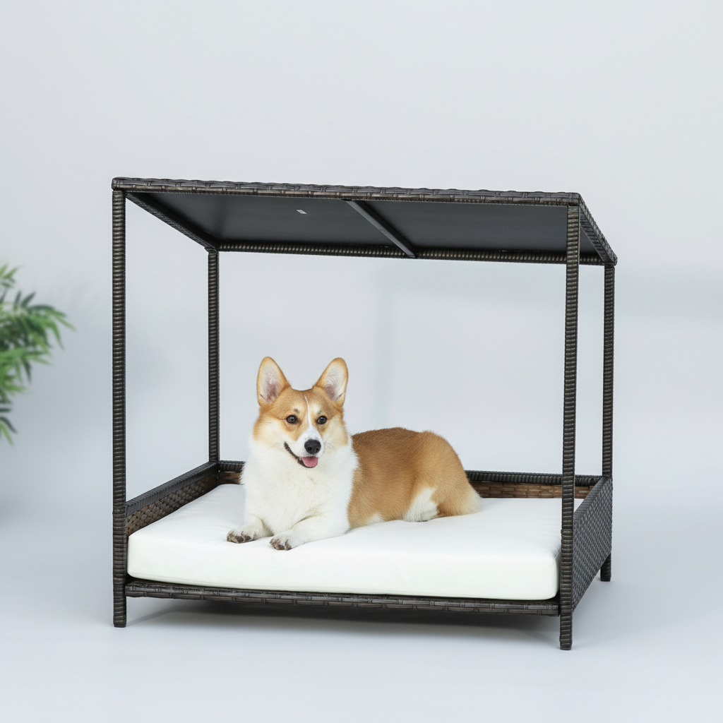 Wicker Dog House Raised Rattan Puppy Bed Cat Shelter for Indoor Outdoor Garden Patio Pet Sofa with Removable Cushion for Medium Sized Pet Brown