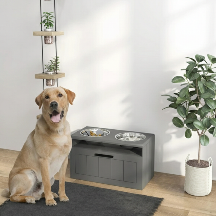 Elevated Dog Bowl Station with Storage – Dual Stainless Steel Dog Feeding Stand