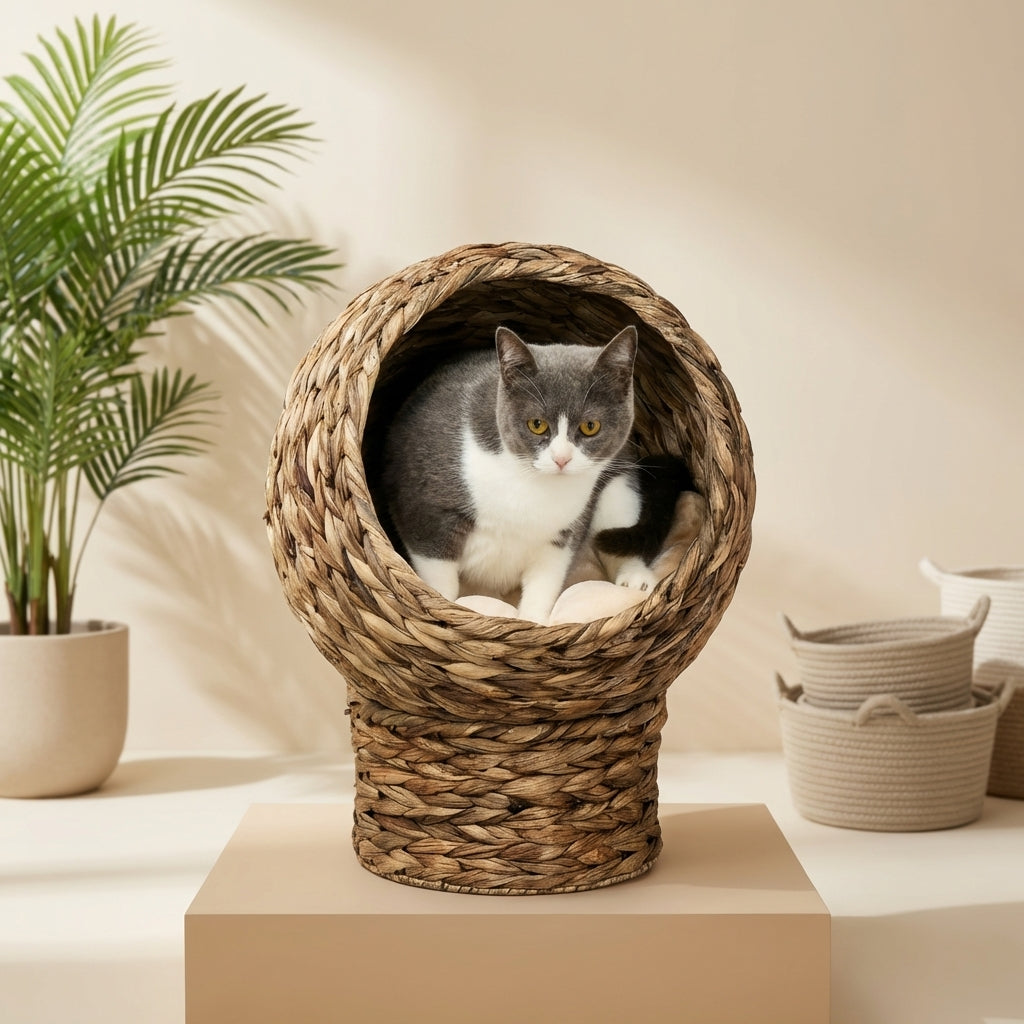 20.5" Weaved Cat Bed, Elevated Hand-woven Braided Banana Leaf Kitten House Condo with Cushion, Brown