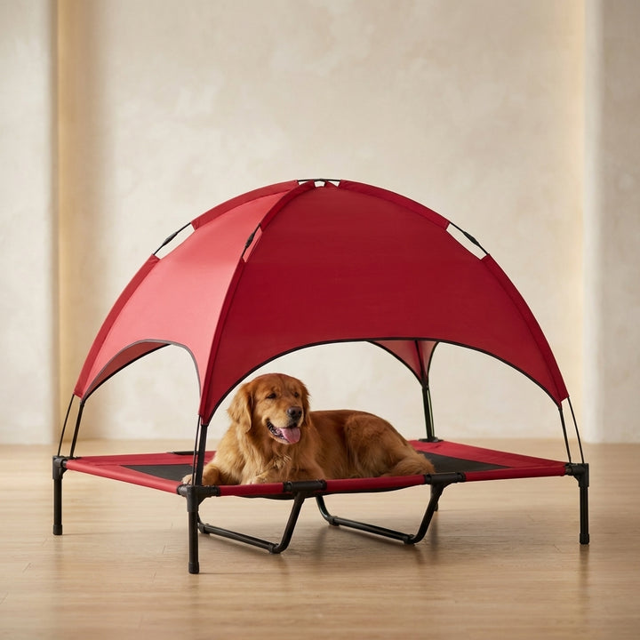 48" x 36" Elevated Portable Dog Cot Cooling Pet Bed with UV Protection Canopy Shade, Red
