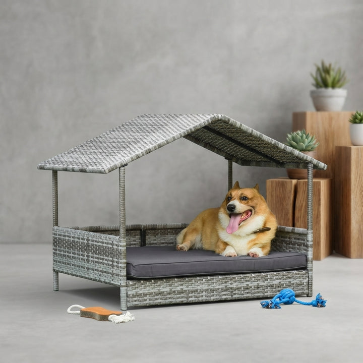 Wicker Dog House Elevated Raised Rattan Bed with Removable Cushion Lounge, Charcoal Gray