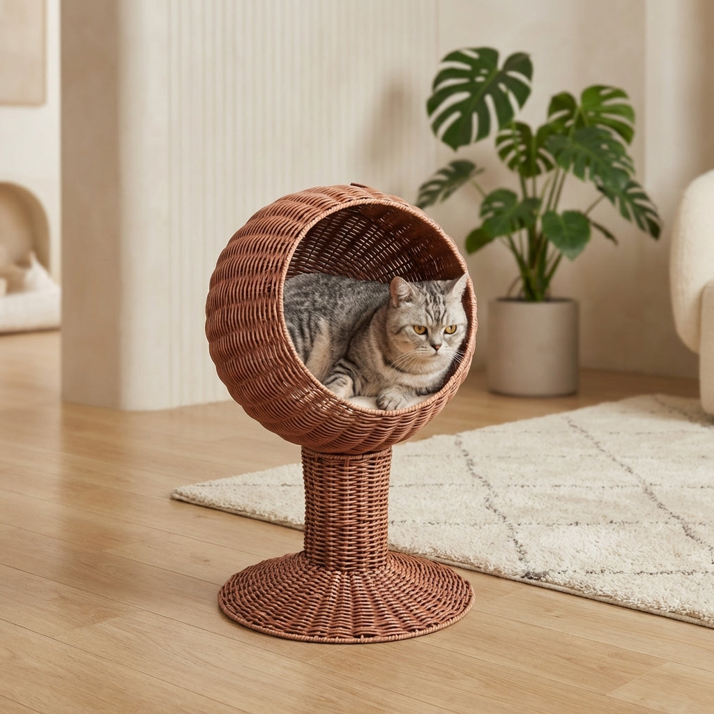Elevated Cat Bed with Rotatable Egg Chair Pod, Cat Basket Bed with Thick Cushion, Natural Mat Grass Woven Kitty House, Brown