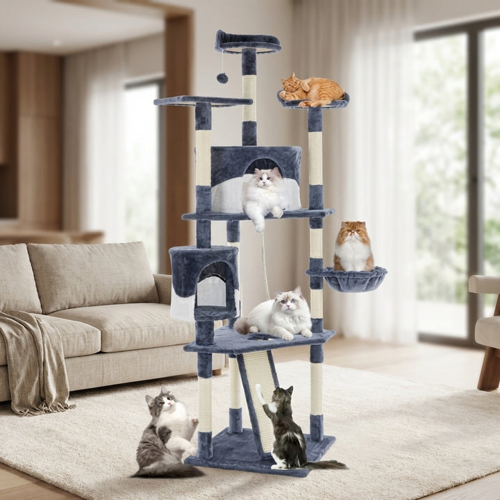 79-inch Cat Tree Tower, Large Multi-story Cat Climbing Tower, Natural Sisal Grabber Posts, Extended Platform, Hammock