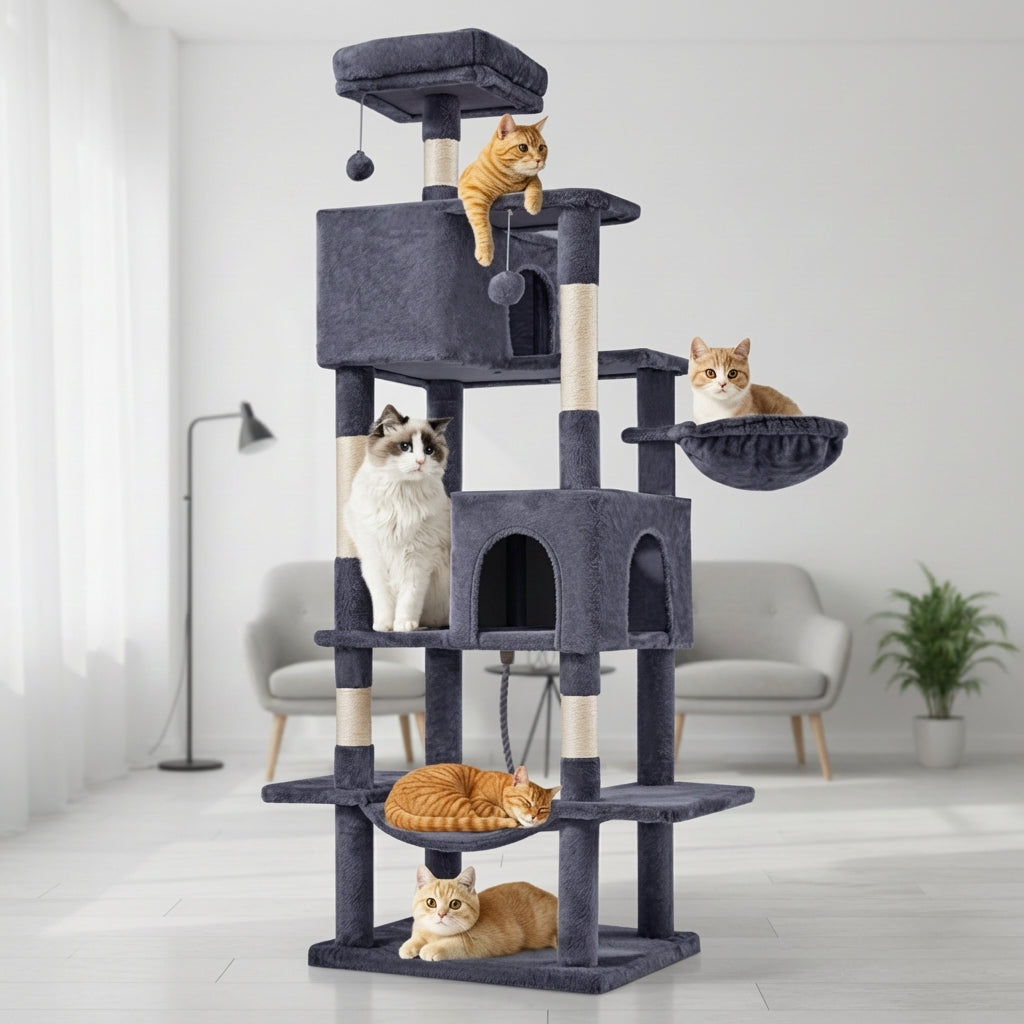 66 Inch Cat Tree Tower, Large Multi-Cat Climbing Extended Platform, Hammock, Pet House For Indoor Cats And Kittens Play