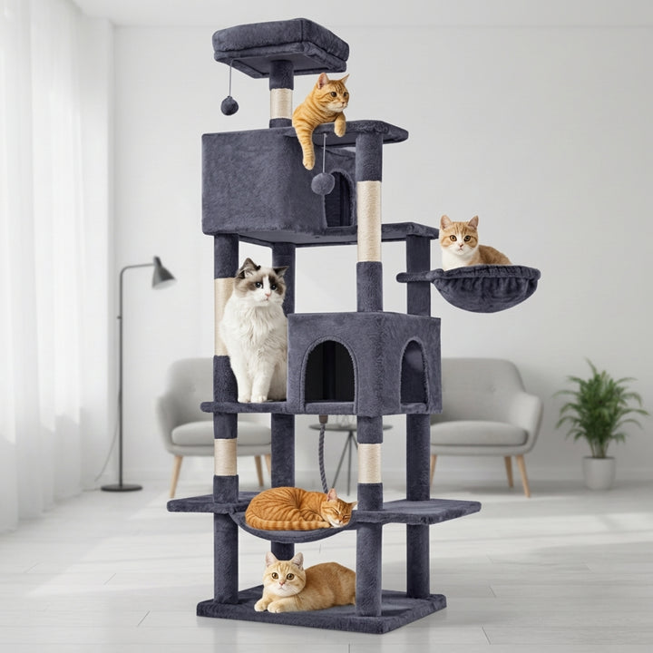 66 Inch Cat Tree Tower, Large Multi-Cat Climbing Extended Platform, Hammock, Pet House For Indoor Cats And Kittens Play