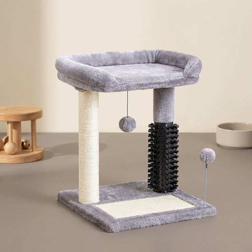 Small 4-in-1 Cat Tree Tower With Self-grooming Brush And Natural Sisal Scratching Post, Soft Plush Cat Bed And Hanging Ball, Suitable For Indoor Kittens