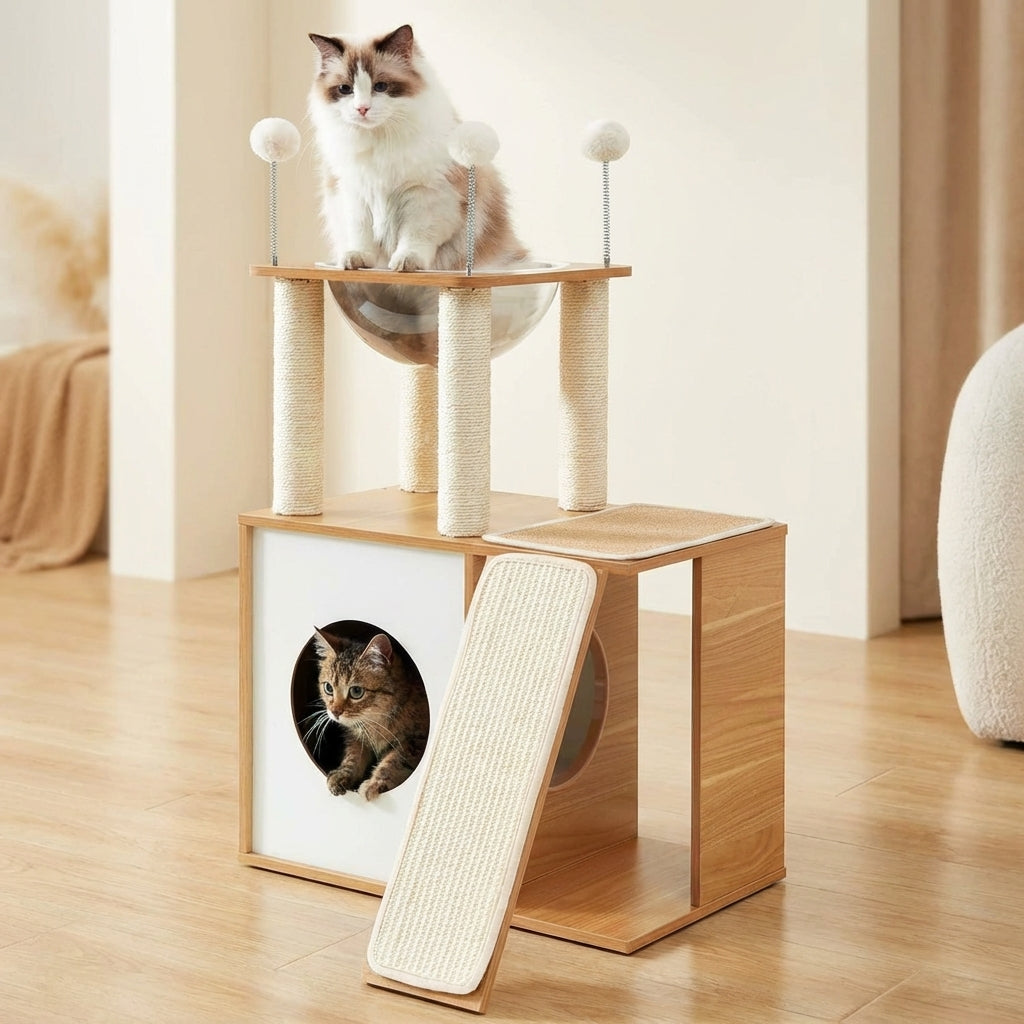 Indoor Wooden Cat Climbing Frame Cat Tower Cat House With Cat Scratching Board Ramp Suitable For Large Cats And Kittens