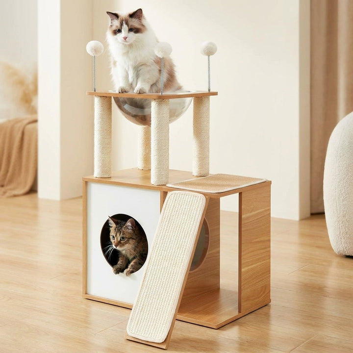 Indoor Wooden Cat Climbing Frame Cat Tower Cat House With Cat Scratching Board Ramp Suitable For Large Cats And Kittens