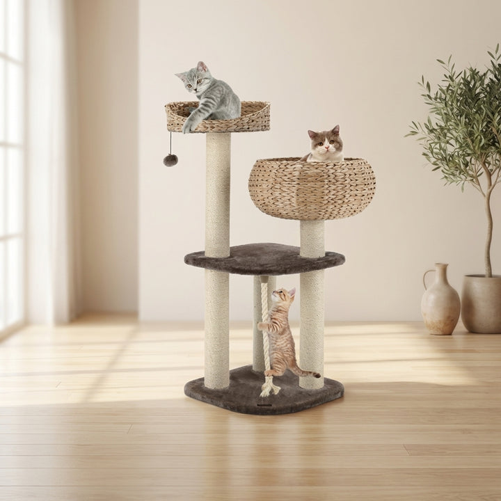 41 Inch Hand-Woven Water Hyacinth Cat Tree, 3 Sisal Scratching Posts Multi-Level Activity Center For Cats-Brown