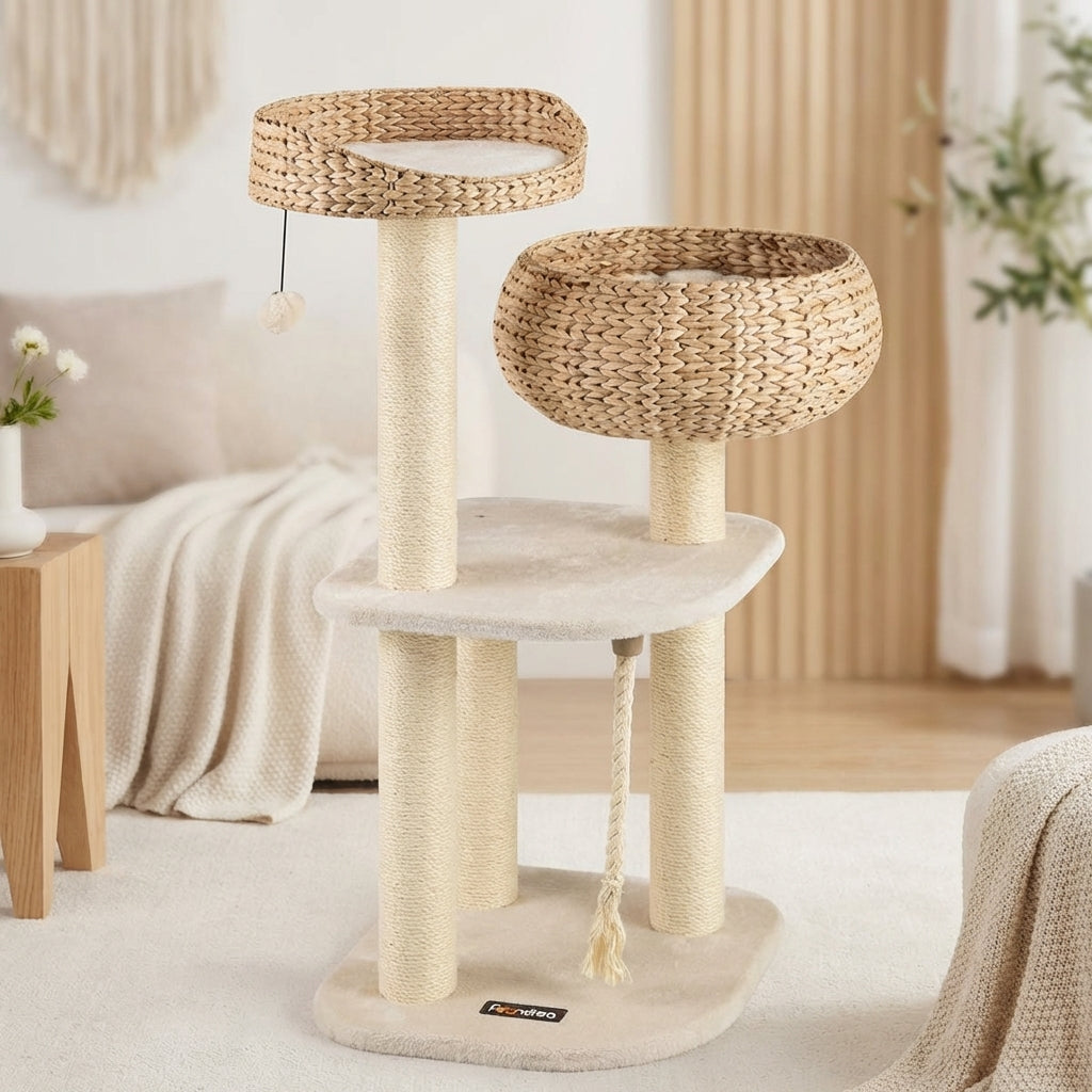 41 Inch Hand-Woven Water Hyacinth Cat Tree, 3 Sisal Scratching Posts Multi-Level Activity Center For Cats-White