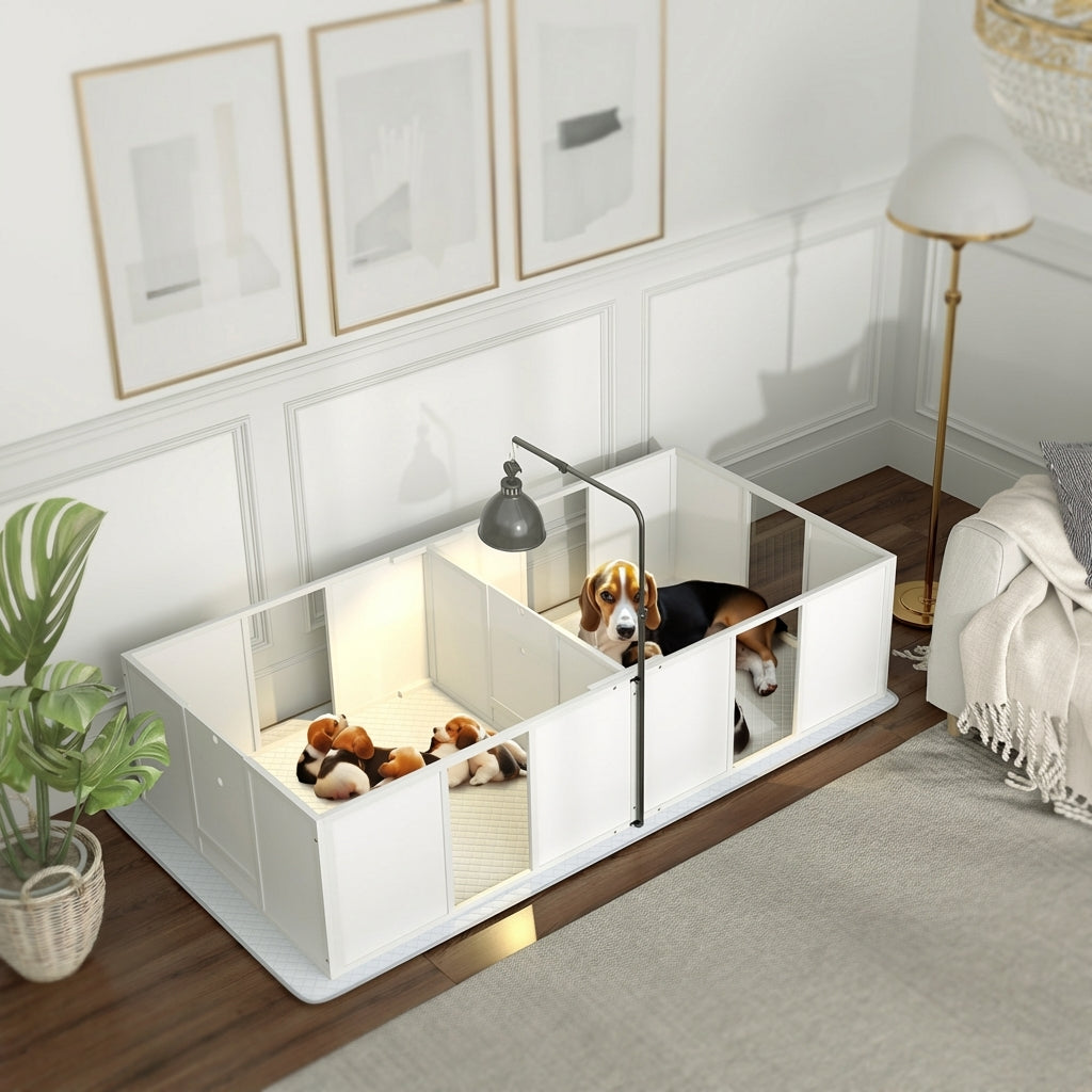 Whelping Box for Dogs w/ Retractable Light Stand, Waterproof Pee Pad & Adjustable Height Door for Medium Breed Dogs