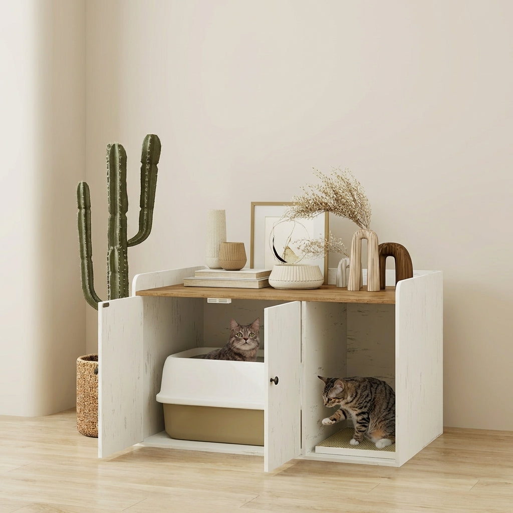 32" Cat Litter Box Enclosure with Scratching Mat, Cat Entrance, Fit Most of Cat and Litter Box, Distressed White