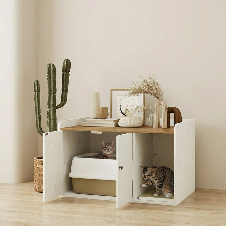 32" Cat Litter Box Enclosure with Scratching Mat, Cat Entrance, Fit Most of Cat and Litter Box, Distressed White