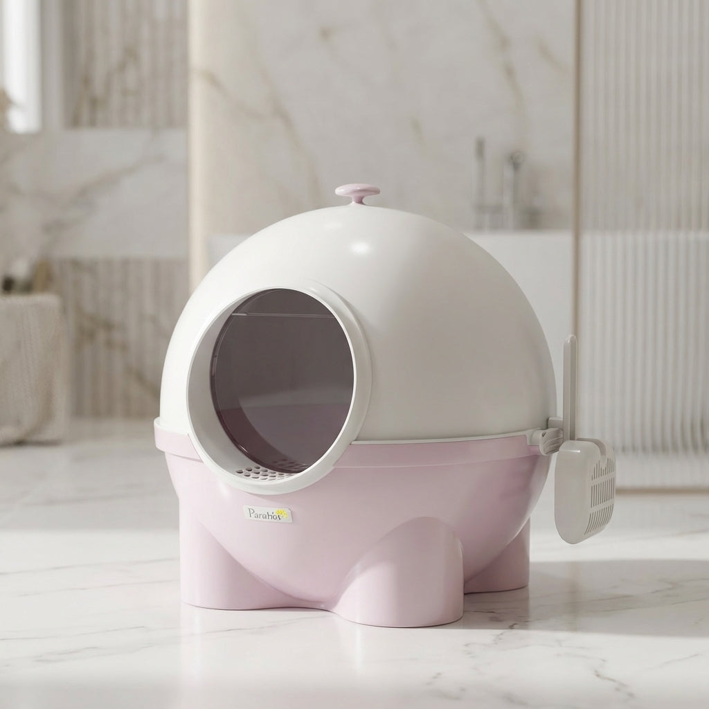 Hooded Cat Litter Box, Large Kitty Litter Pan with Lid, Scoop, Leaking Sand Pedal, Top Handle, Light Pink