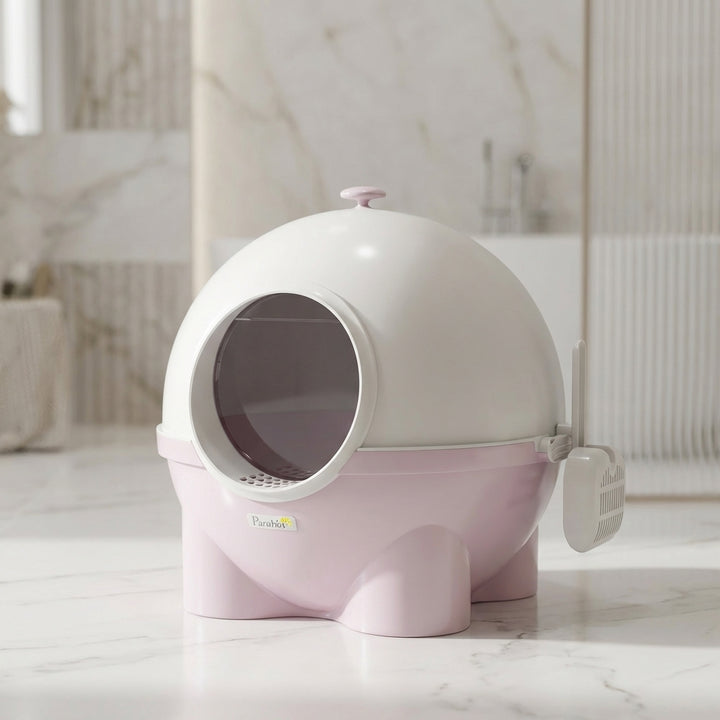 Hooded Cat Litter Box, Large Kitty Litter Pan with Lid, Scoop, Leaking Sand Pedal, Top Handle, Light Pink