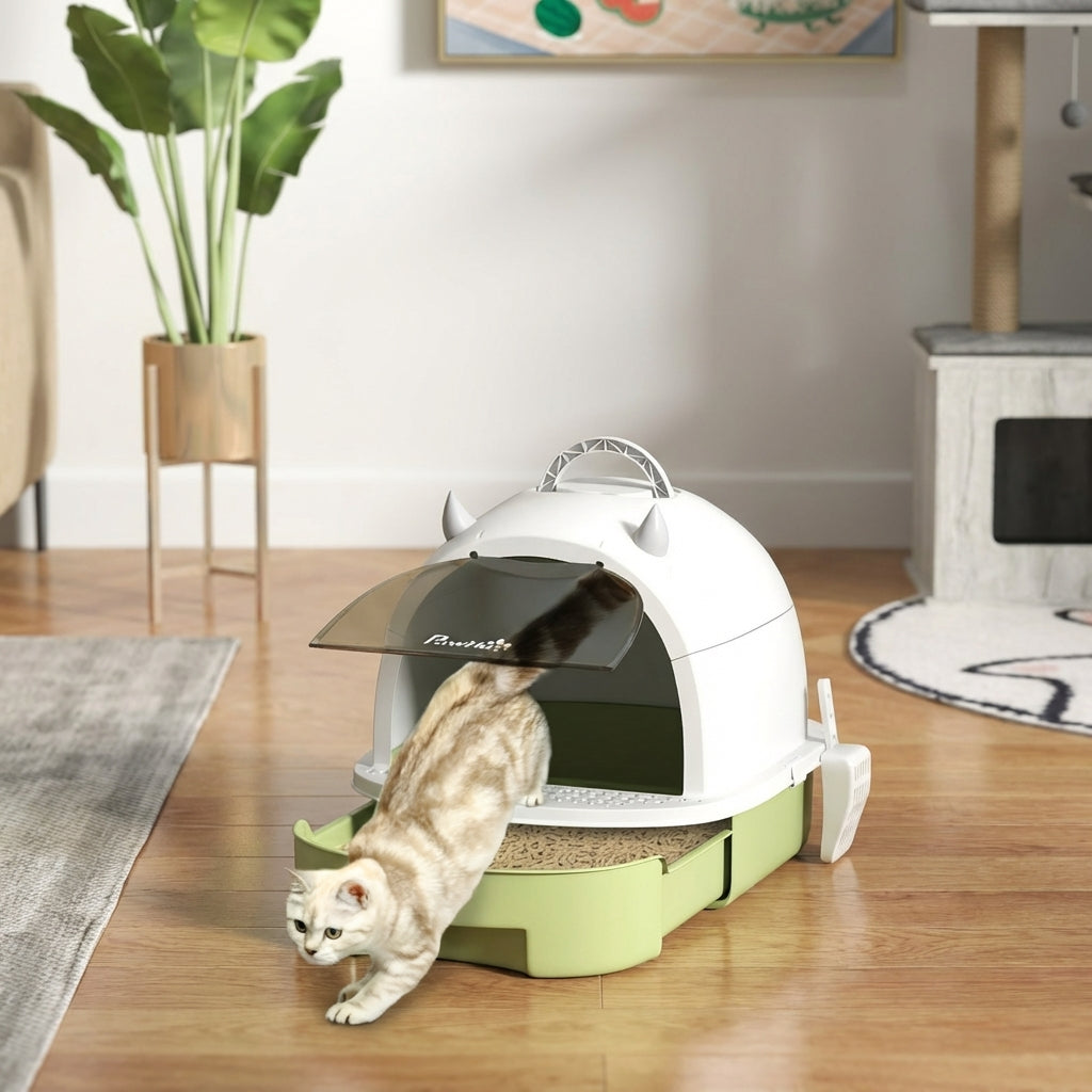 Covered Cat Litter Box with Lid, Scoop, Deodorizing Bags for Odor Control, Privacy, Easy to Clean, Green
