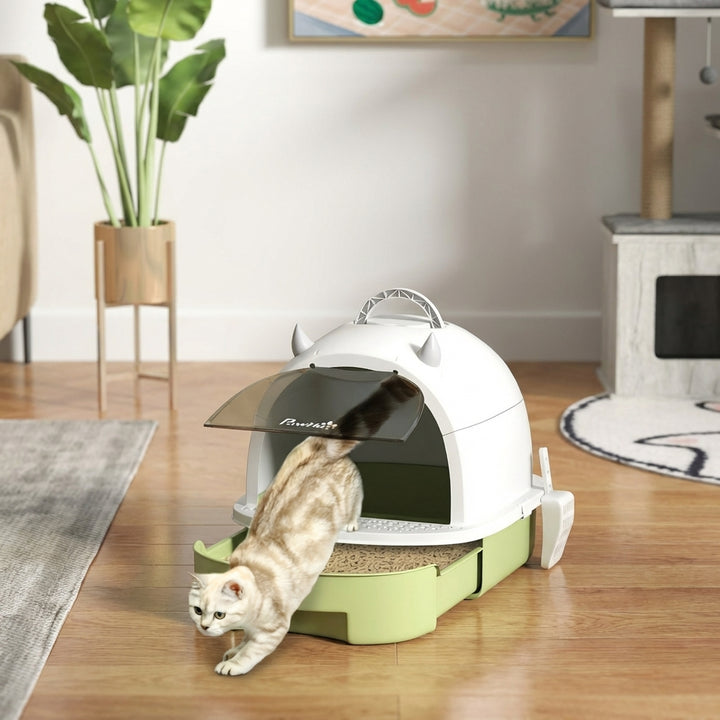 Covered Cat Litter Box with Lid, Scoop, Deodorizing Bags for Odor Control, Privacy, Easy to Clean, Green
