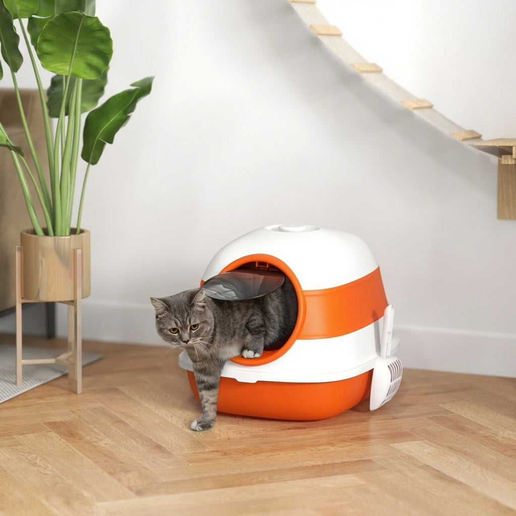 Enclosed Cat Litter Box with Scoop & Air Freshener – Foldable Covered Cat Toilet