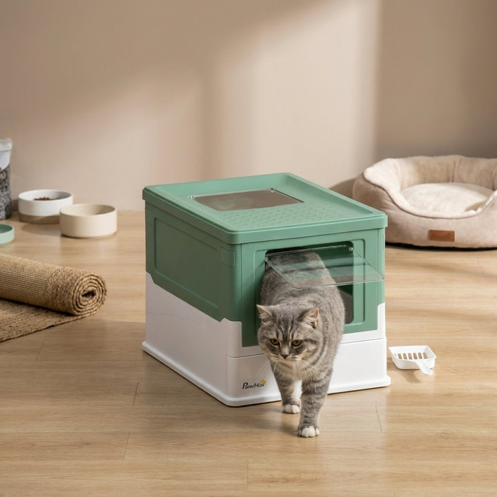 Fully Enclosed Cat Litter Box with Front Entry and Top Exit, Plastic, Green & White
