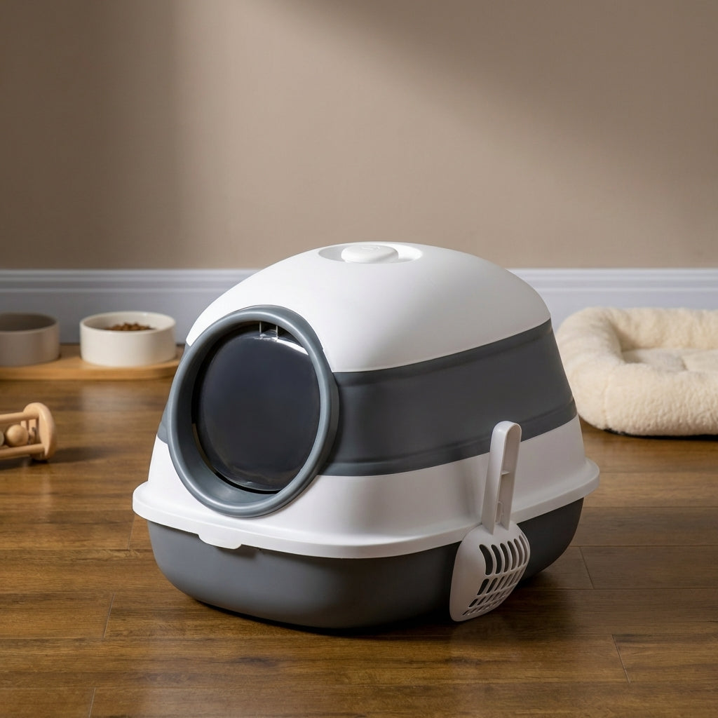 Dome Covered Cat Litter Box with Lid, White and Gray