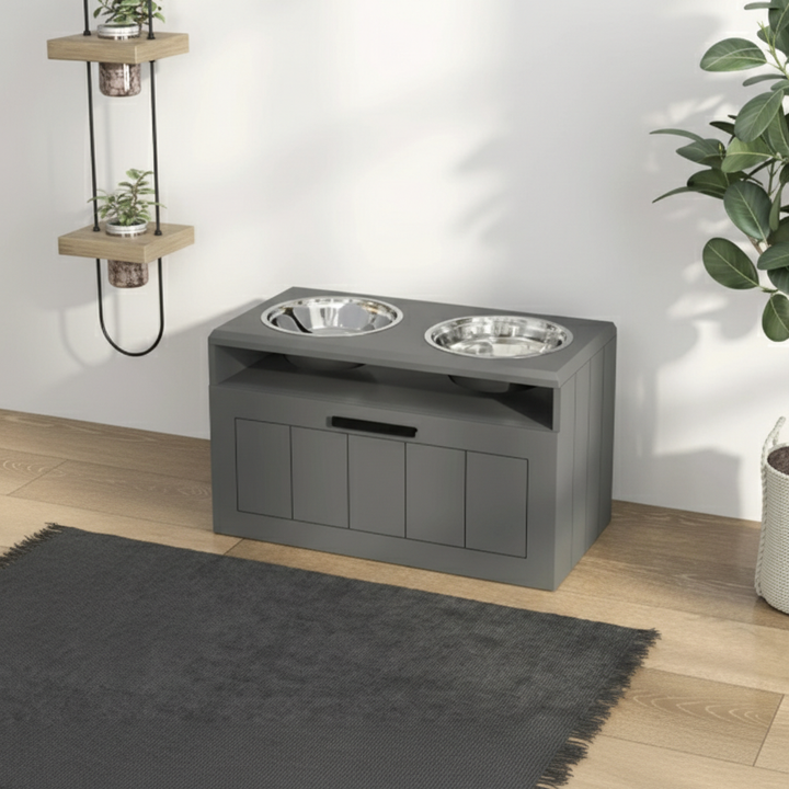 Elevated Dog Bowl Station with Storage – Dual Stainless Steel Dog Feeding Stand