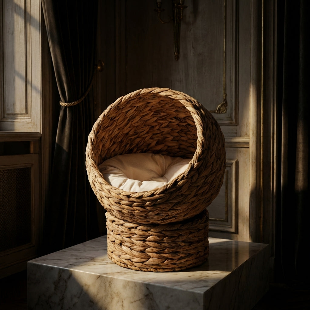 20" Natural Braided Banana Leaf Elevated Cat Bed Basket with Cushion - Brown