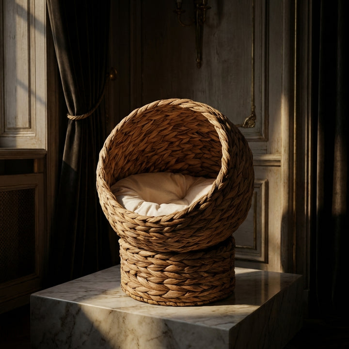 20" Natural Braided Banana Leaf Elevated Cat Bed Basket with Cushion - Brown