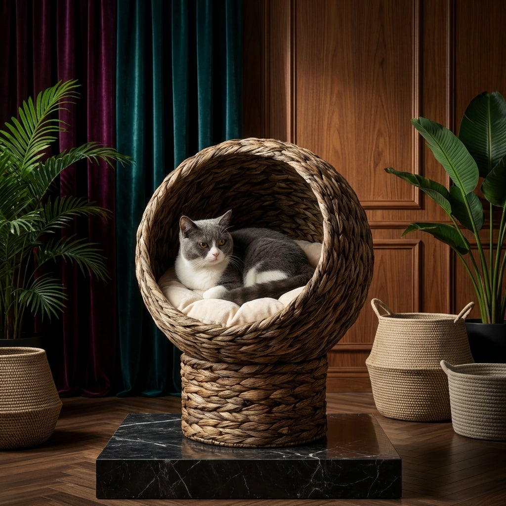 20.5" Weaved Cat Bed, Elevated Hand-woven Braided Banana Leaf Kitten House Condo with Cushion, Brown