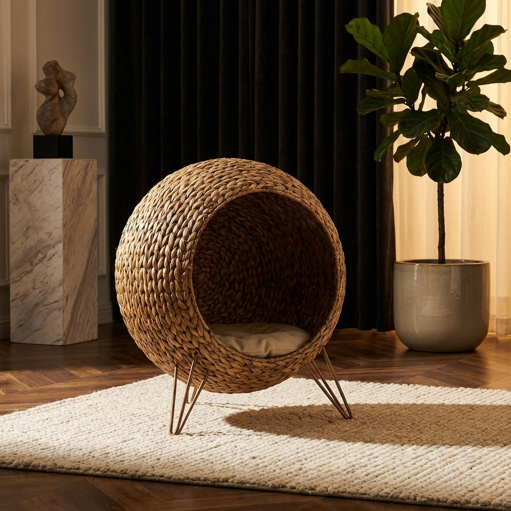 20.5" Weaved Cat Bed, Elevated Hand-woven Braided Banana Leaf Kitten House Condo with Cushion, Natural