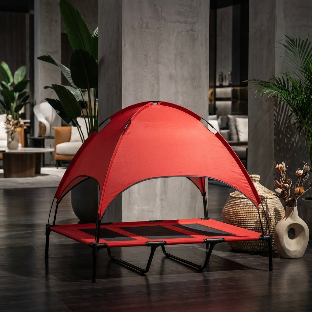 48" x 36" Elevated Portable Dog Cot Cooling Pet Bed with UV Protection Canopy Shade, Red