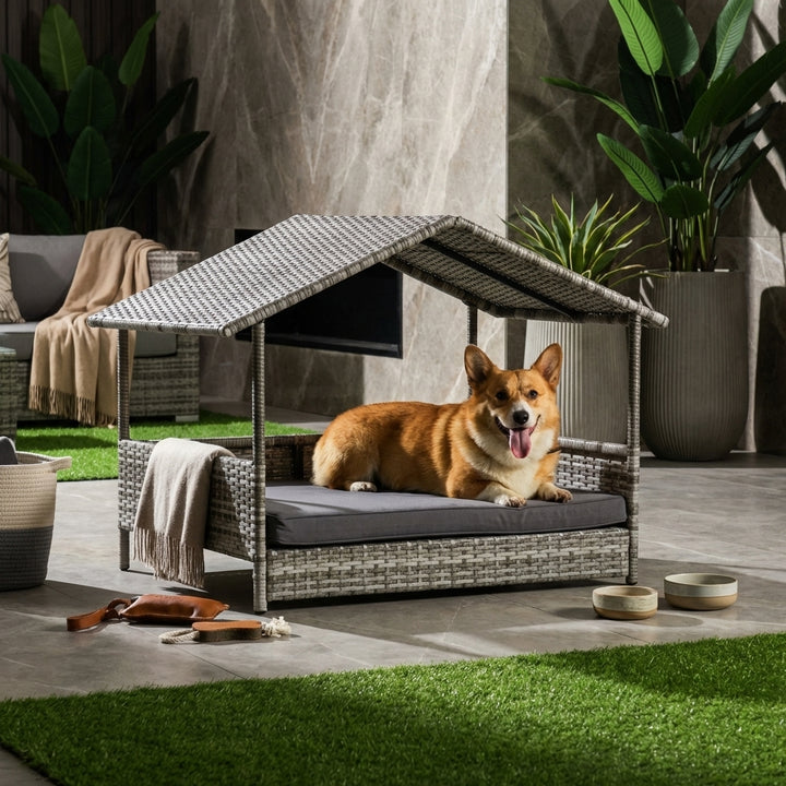 Wicker Dog House Elevated Raised Rattan Bed with Removable Cushion Lounge, Charcoal Gray