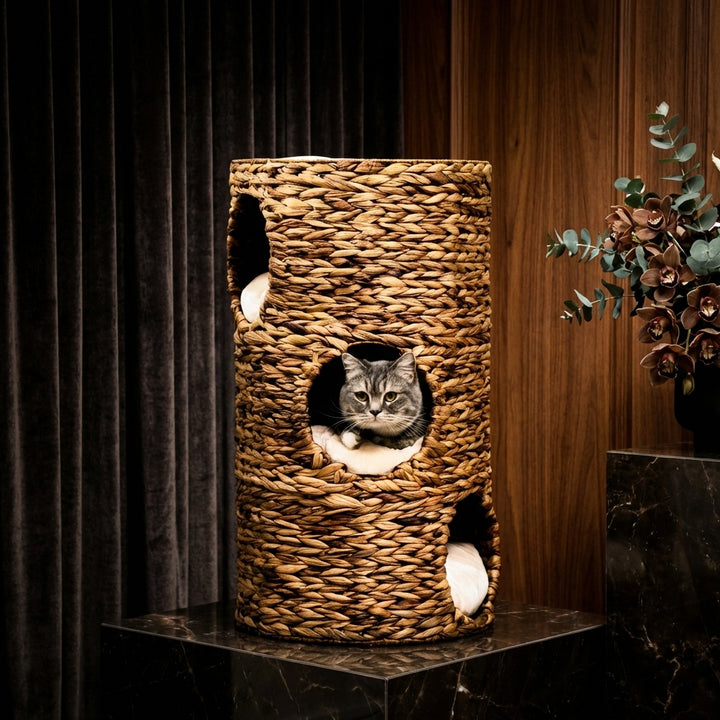 Elevated Cat Bed with Three Hideaways & Four Soft Plush Cushions, Cat Tower with Hand-Woven Materials, Multi-Layer Raised Kitten Bed Caves