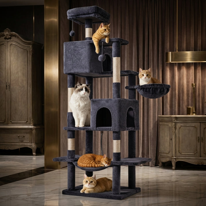 66 Inch Cat Tree Tower, Large Multi-Cat Climbing Extended Platform, Hammock, Pet House For Indoor Cats And Kittens Play